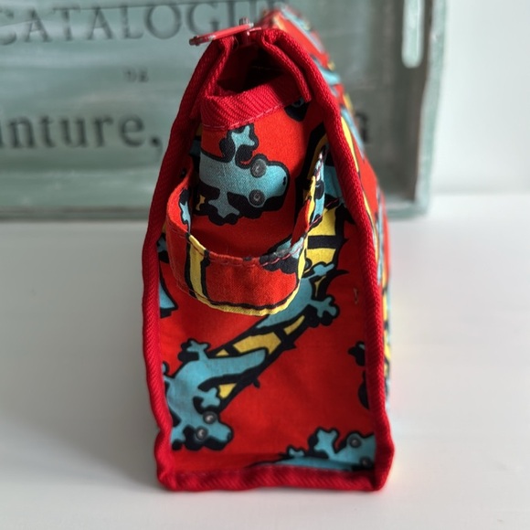 Marimekko Red Toiletry Pouch with Blue and Yellow Lizard Animal Print - Picture 6 of 10